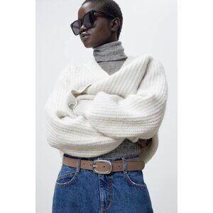 NWOT Zara taupe brown leather belt with silver hardware, 38.25" long